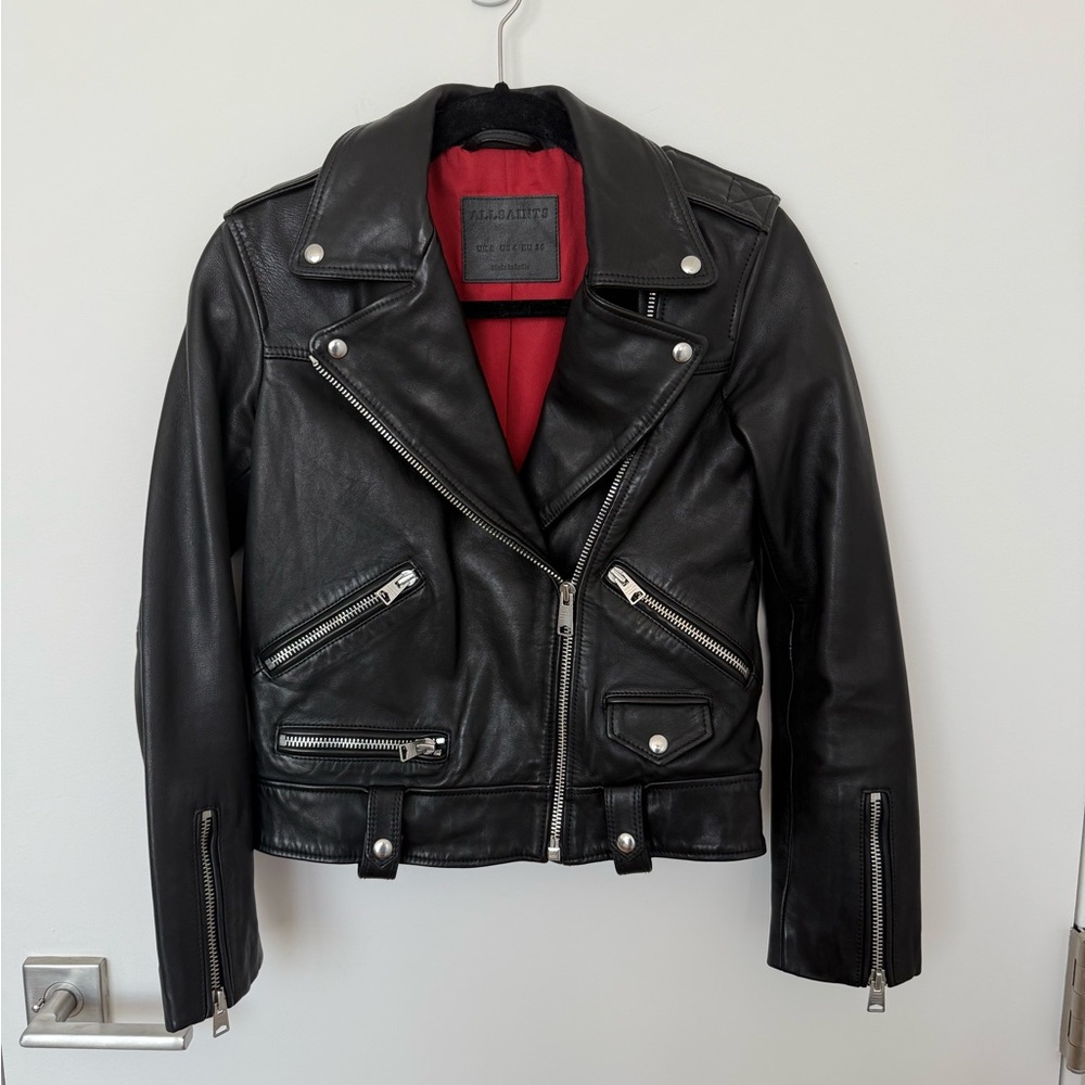 All Saints Estae Black Leather Jacket with Red Lining